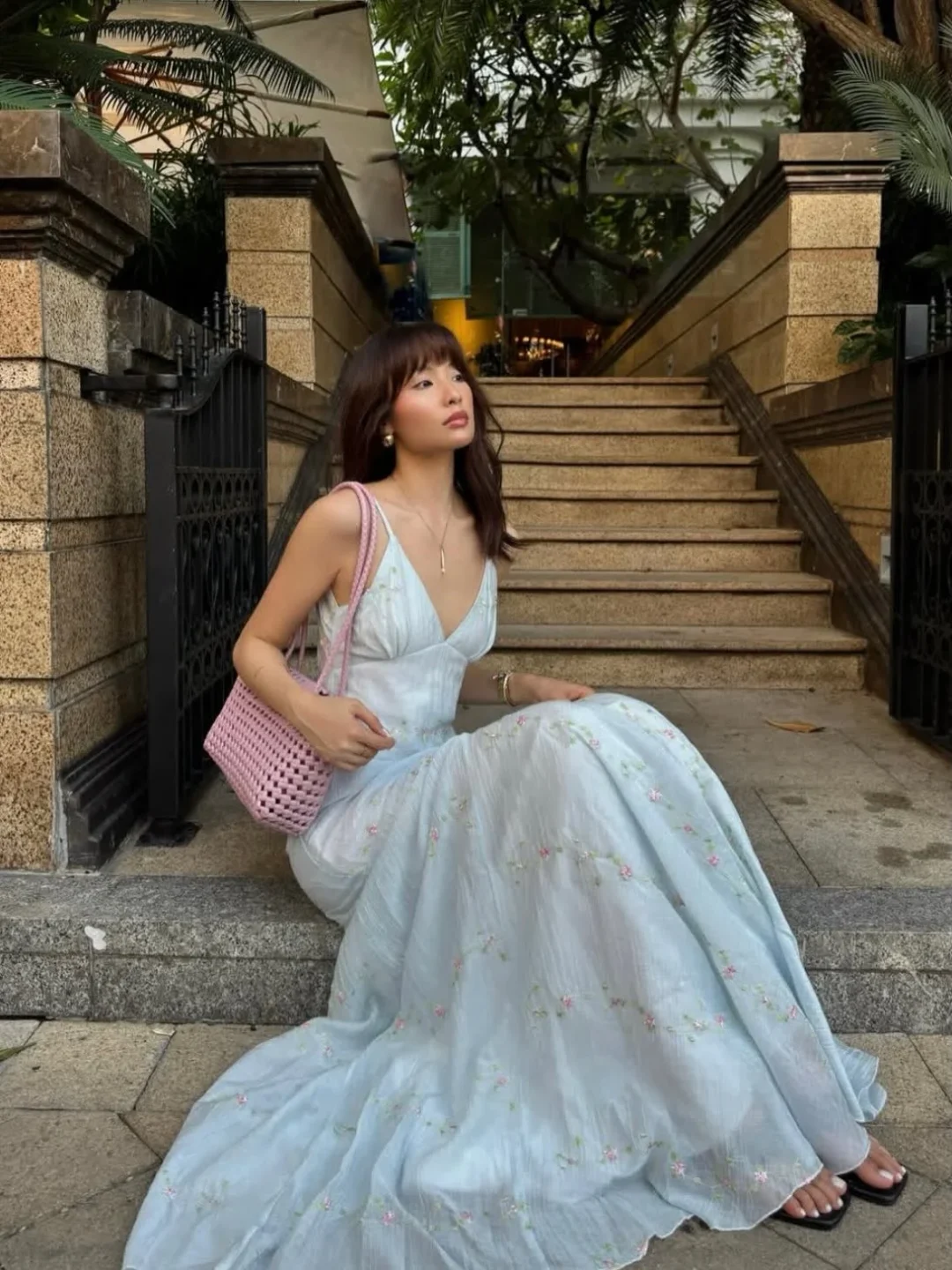 Photo 1 of Váy maxi voan thêu hoa xanh nhạt Takeit