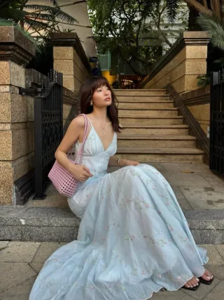 Photo 1 of Váy maxi voan thêu hoa xanh nhạt Takeit
