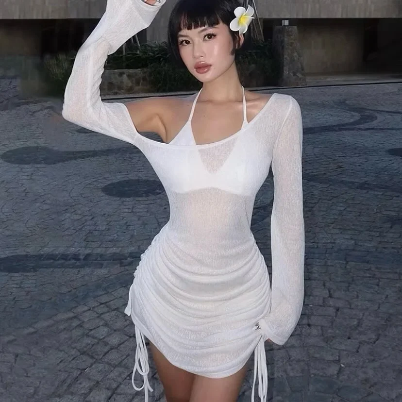 Photo 1 of Váy dệt kim trắng ngắn nữ ôm sát
