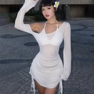 Photo 1 of Váy dệt kim trắng ngắn nữ ôm sát