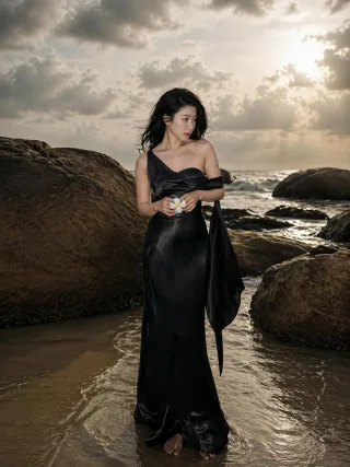 Photo 1 of Đầm lụa đen dài quây ngực nữ