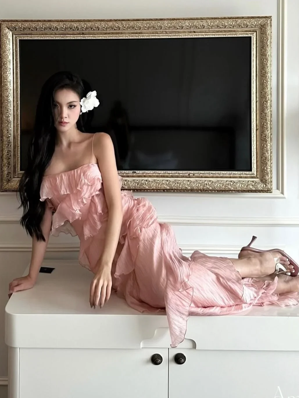 Photo 7 of Đầm maxi voan hồng nhún bèo Amelie