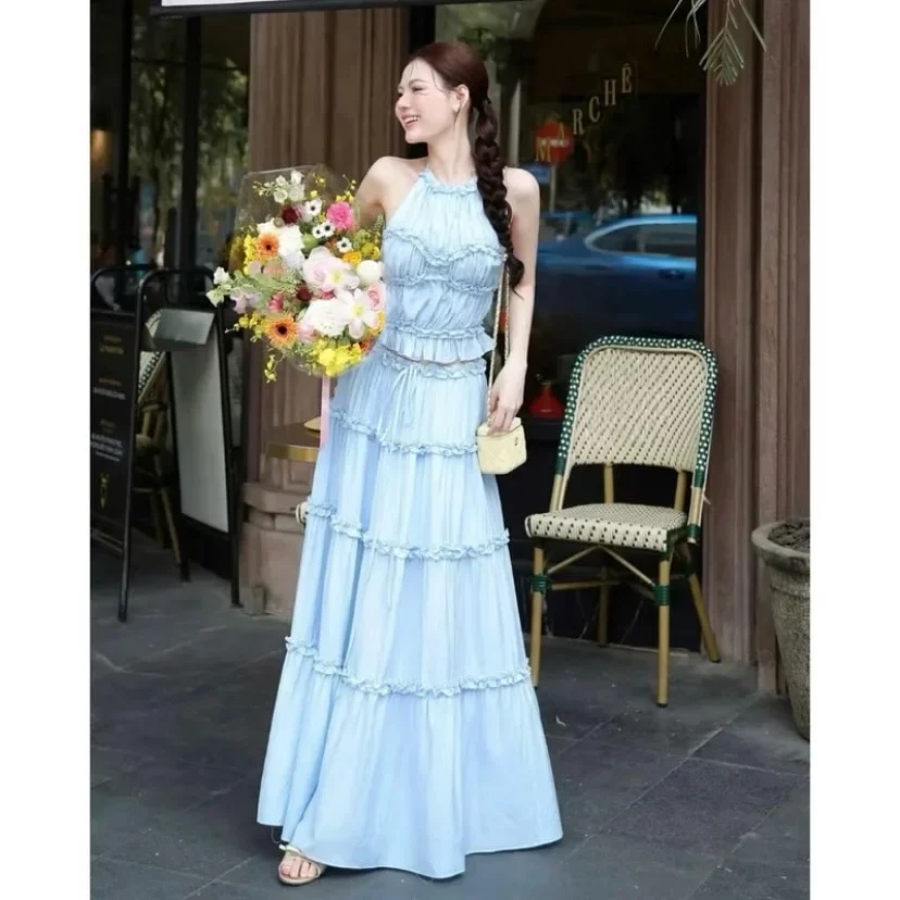 Ảnh 4 của Váy maxi xanh nhạt tầng bèo nữ