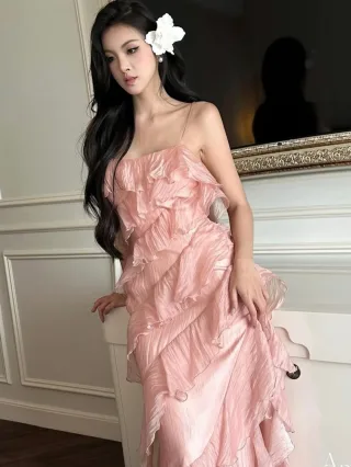 Photo 3 of Đầm maxi voan hồng nhún bèo Amelie