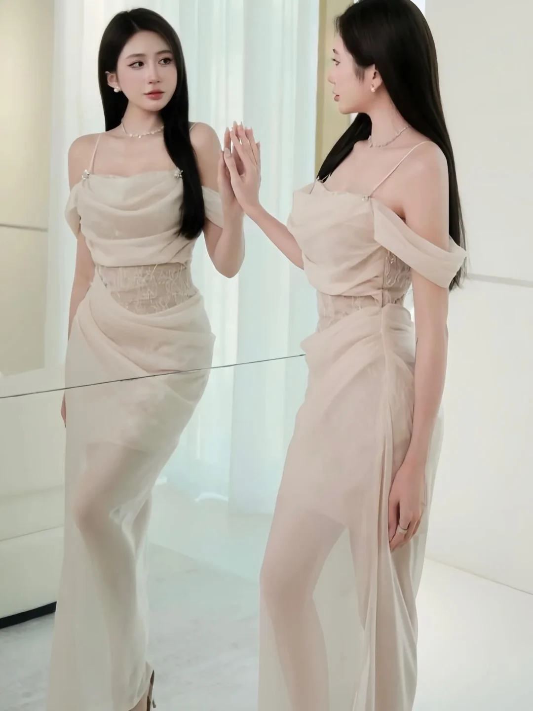 Photo 2 of Váy midi lụa be quây vai KHIẾT