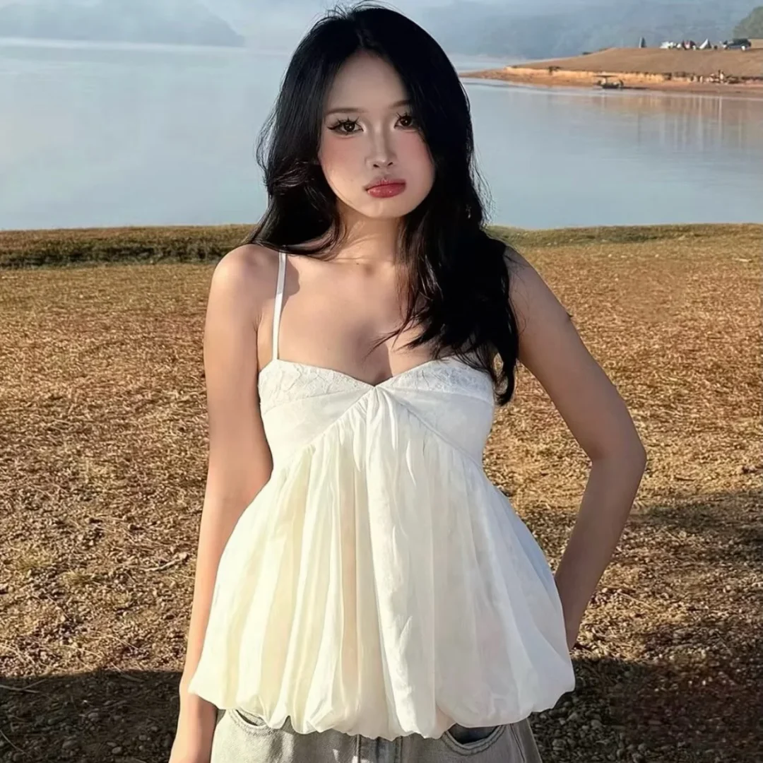 Ảnh 2 của Áo babydoll hai dây trắng kem nữ