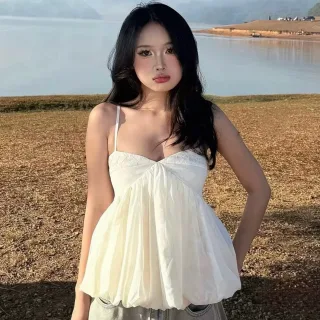 Ảnh 2 của Áo babydoll hai dây trắng kem nữ