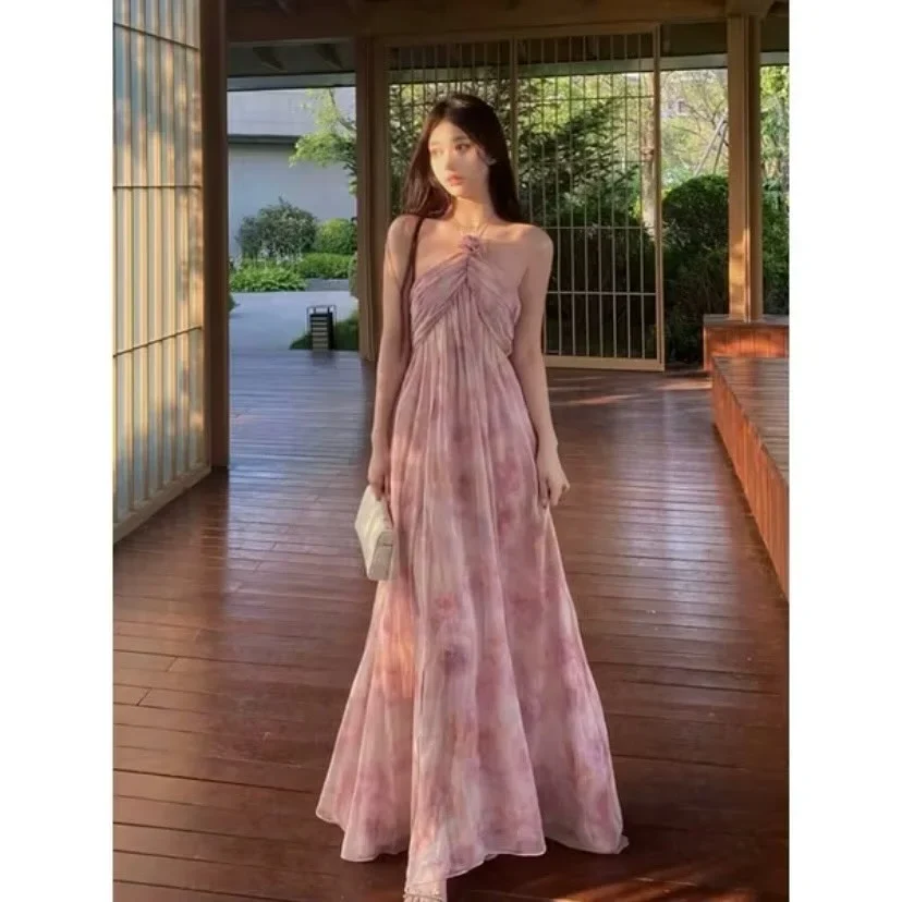 Ảnh 2 của Váy maxi voan hoa hồng nhạt nữ
