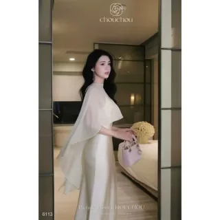 Photo 3 of Đầm dạ hội lụa trắng kem nữ