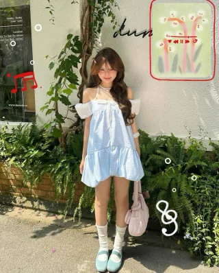 Photo 1 of Đầm babydoll caro xanh nhạt nữ