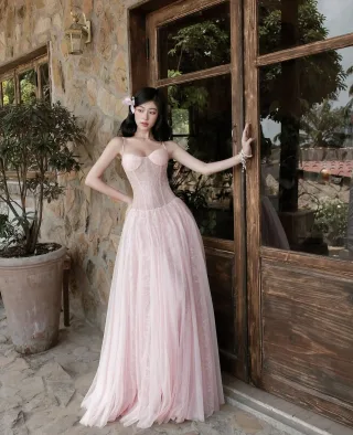 Ảnh 1 của Váy maxi hồng pastel corset ren Ononmade