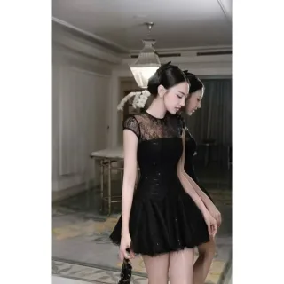 Ảnh 3 của Đầm ren sequin đen ngắn nữ sang trọng