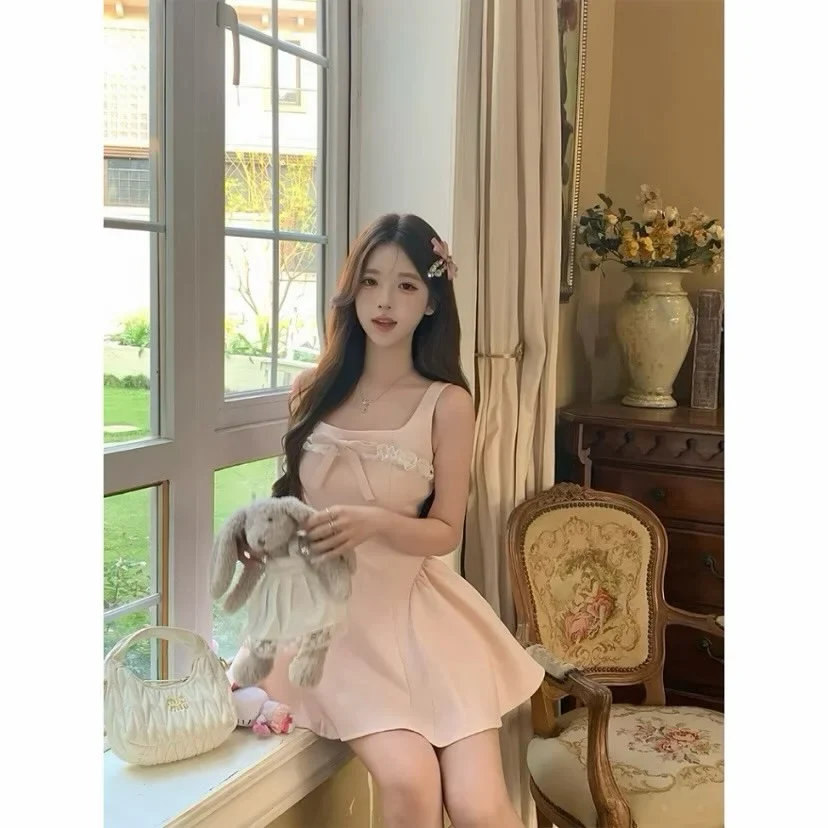 Photo 5 of Đầm ngắn nơ ren hồng pastel nữ