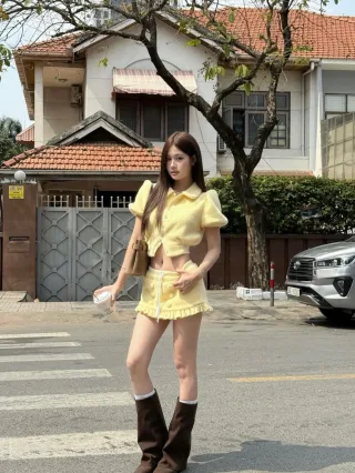 Photo 1 of Set croptop váy mini lông vàng Letitia