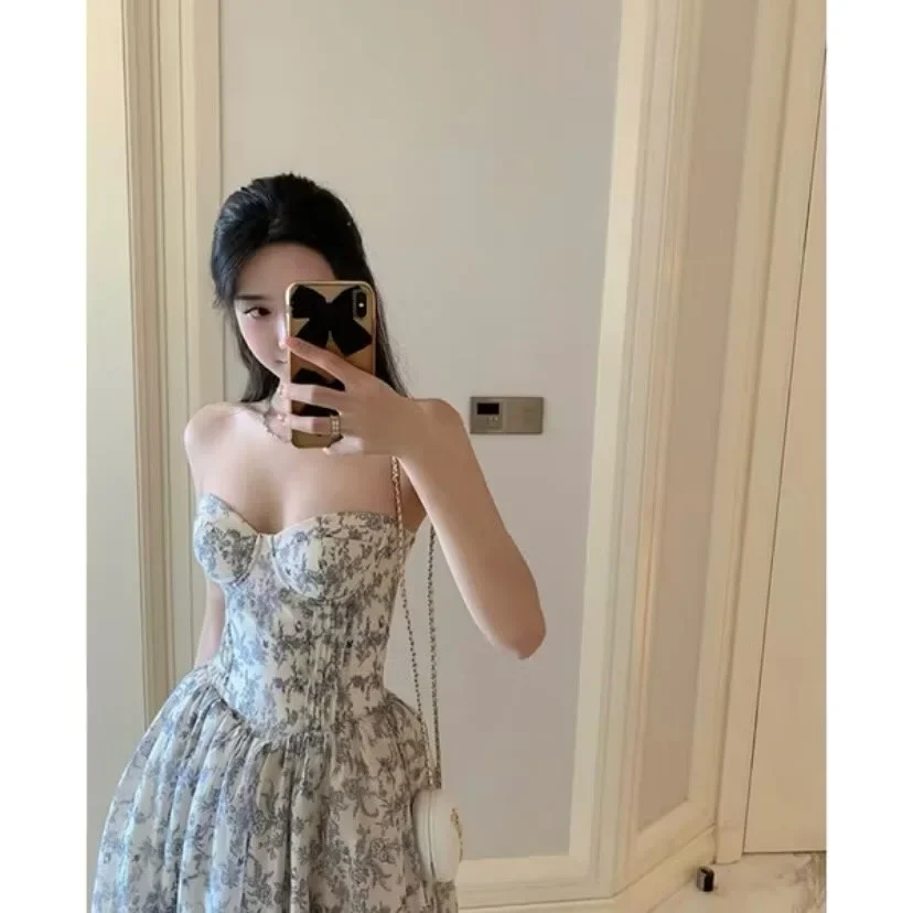 Ảnh 5 của Váy tiệc strapless hoa văn be tím nữ