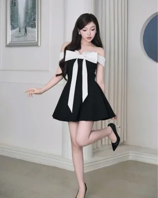 Photo 1 of Váy mini trễ vai nơ trắng nữ