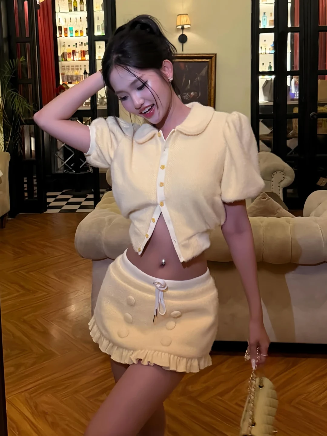 Ảnh 1 của Set cardigan crop váy mini lông kem Letitia
