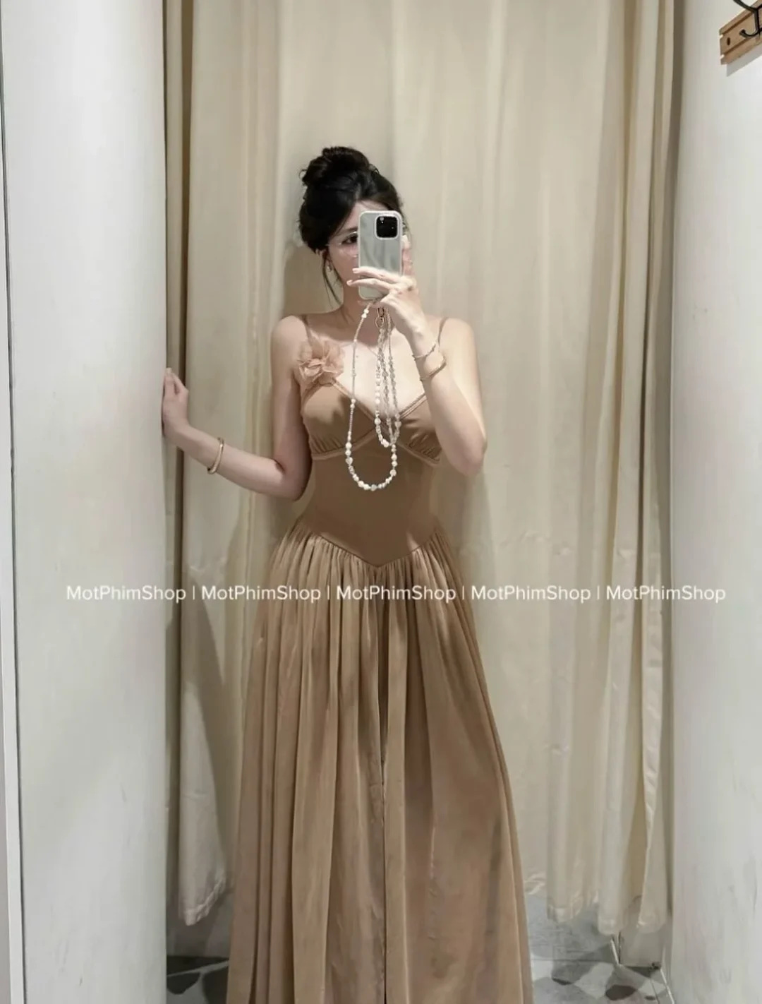 Ảnh 1 của Váy maxi hai dây nâu nhạt voan nữ
