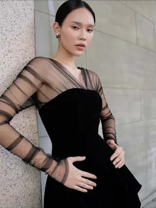 Ảnh 3 của Đầm nhung đen tay lưới dài DELADE