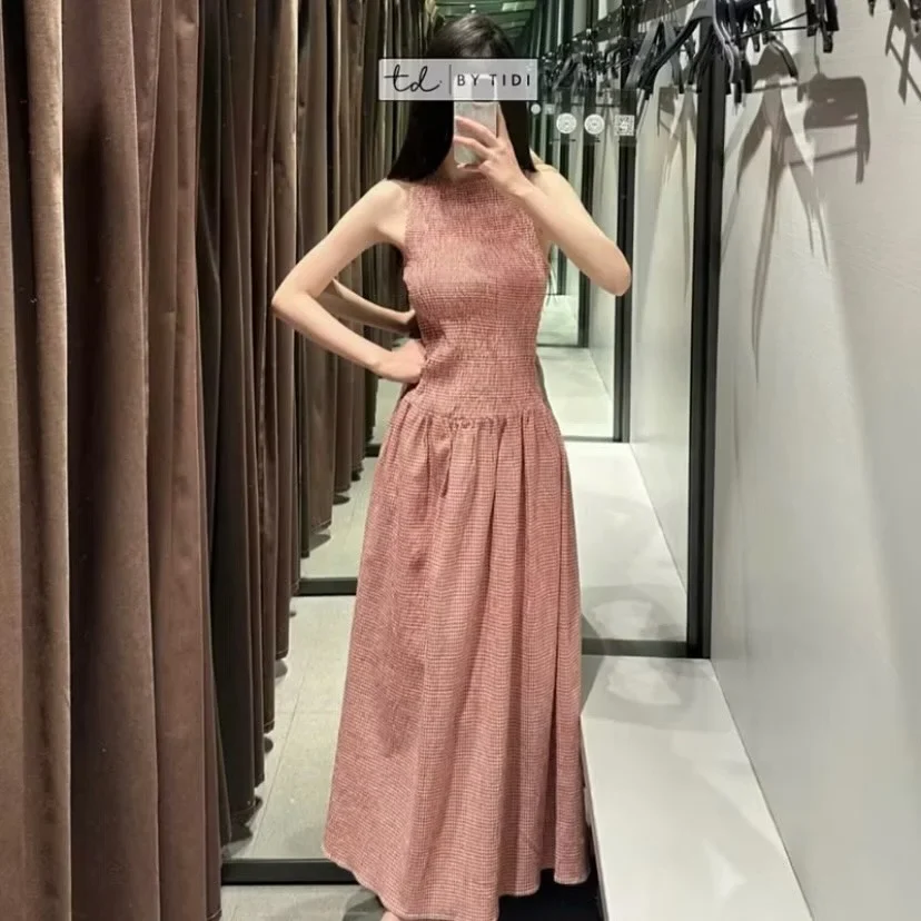 Ảnh 1 của Váy maxi caro hồng nhạt nữ thanh lịch