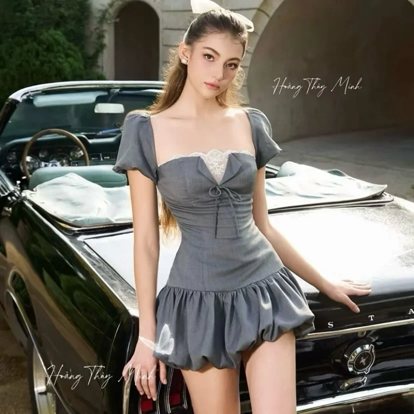 Ảnh 1 của Đầm xám ren tay phồng nữ tính
