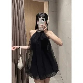 Ảnh 1 của Đầm ngắn voan đen cổ yếm nữ