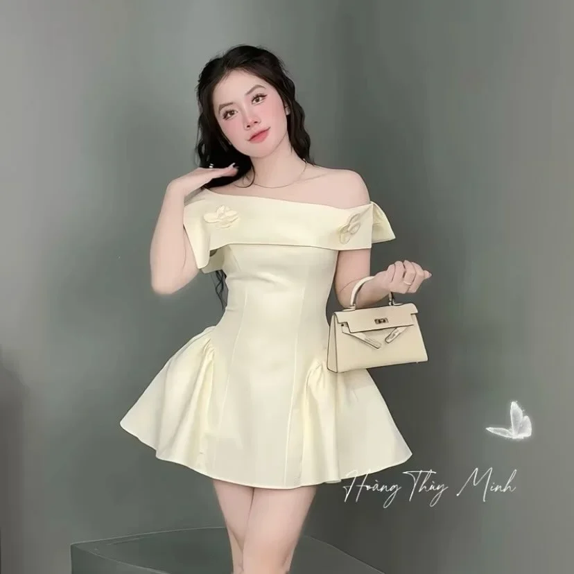 Ảnh 1 của Váy ngắn trễ vai vàng nhạt satin nữ