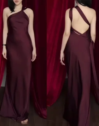 Photo 3 of Đầm dài một vai đỏ đô Dressesinsilk