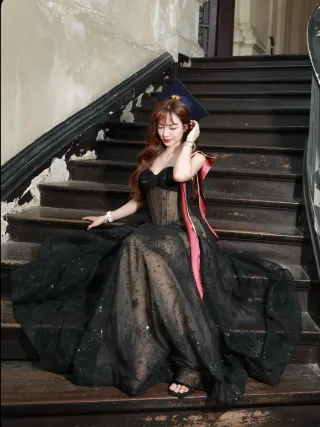 Ảnh 1 của Đầm corset vintage đen ren voan nữ