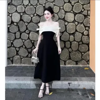 Photo 1 of Váy midi trễ vai đen trắng nữ