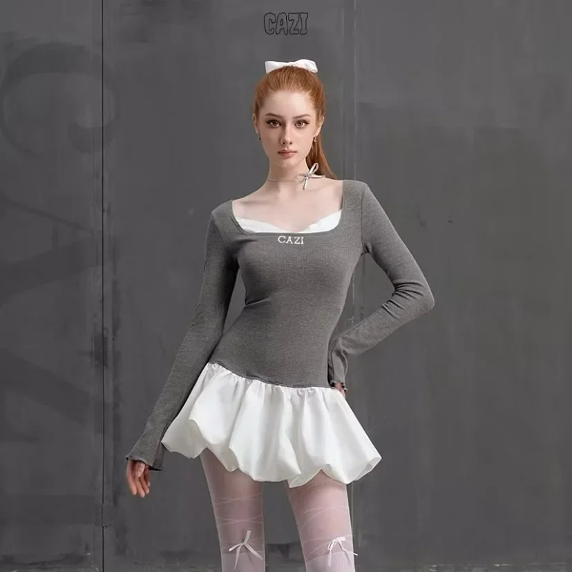 Photo 1 of Set áo len xám váy trắng búp bê nữ