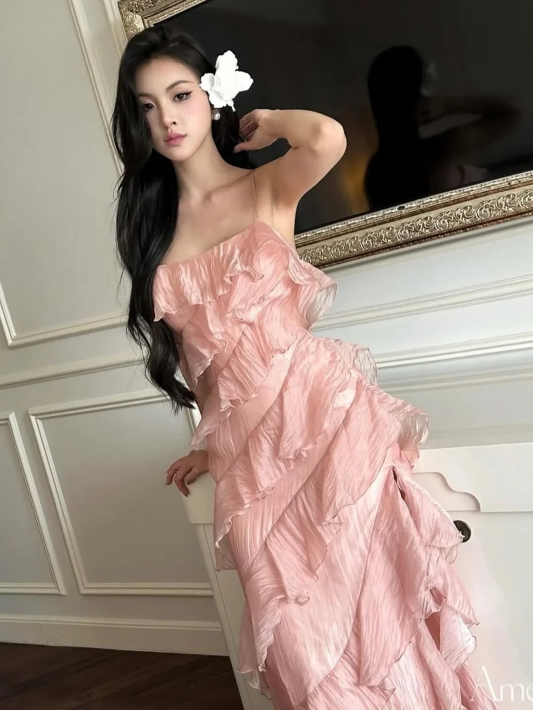 Photo 6 of Đầm maxi voan hồng nhún bèo Amelie