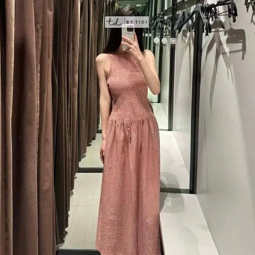 Ảnh 3 của Váy maxi caro hồng nhạt nữ thanh lịch