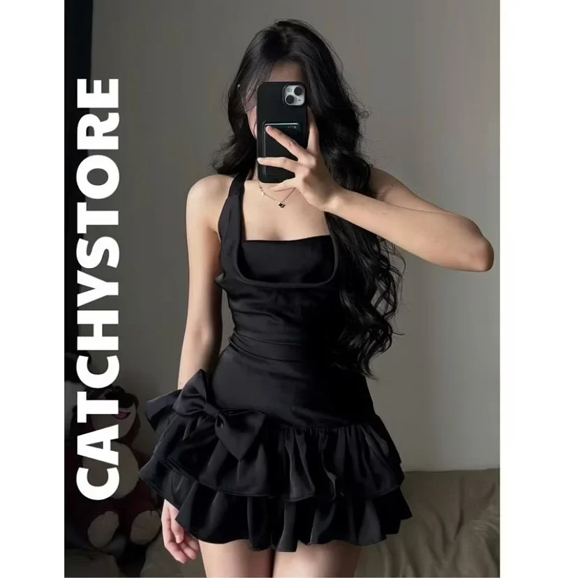 Ảnh 1 của Đầm ngắn đen hai dây satin nữ
