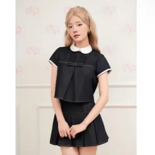 Ảnh 1 của Set croptop denim váy xếp ly đen nữ