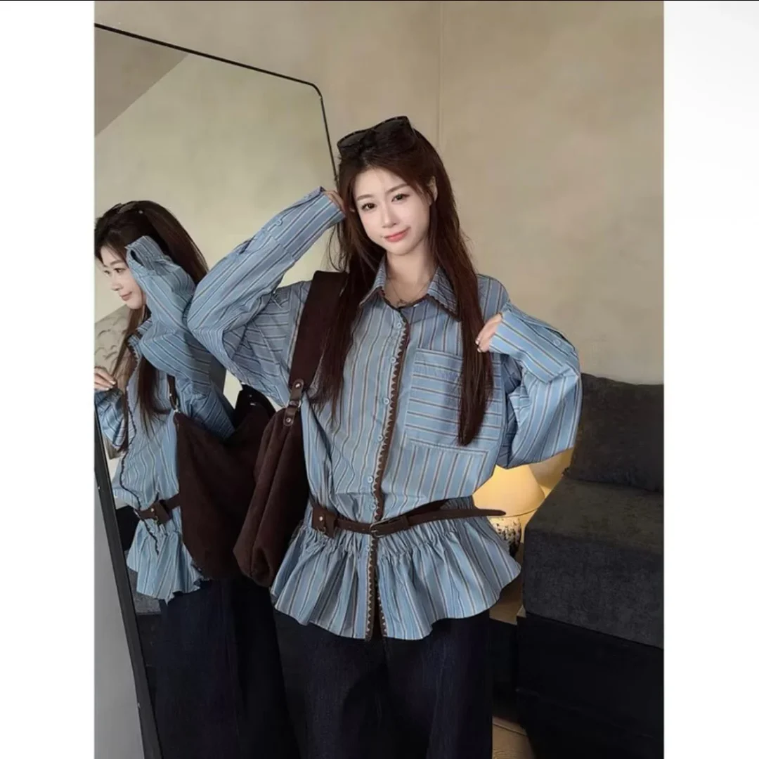 Ảnh 3 của Set áo sơ mi sọc xanh nữ freesize