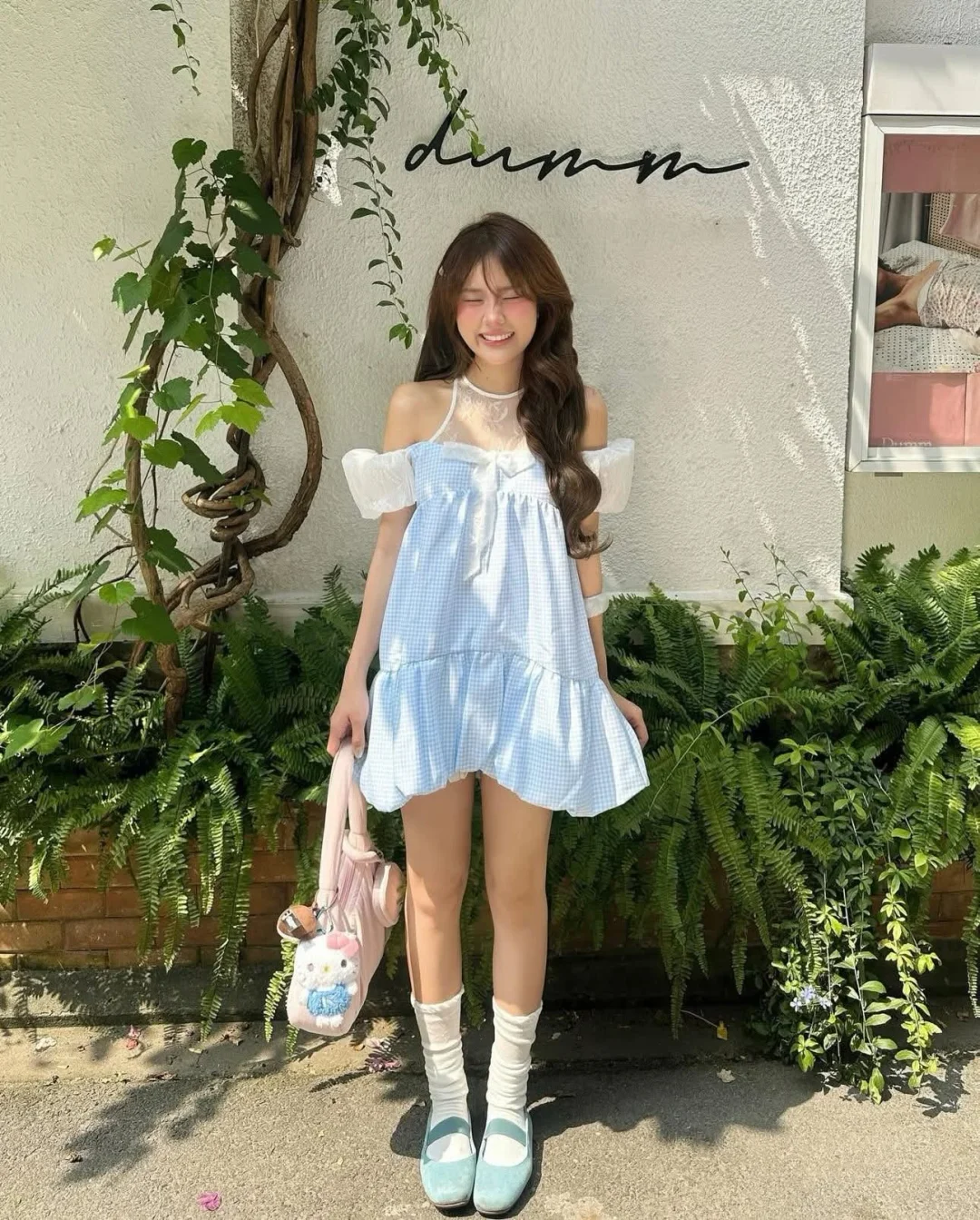 Photo 4 of Đầm babydoll caro xanh nhạt nữ