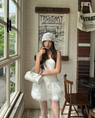 Photo 4 of Đầm trắng strapless bèo nhún mini nữ