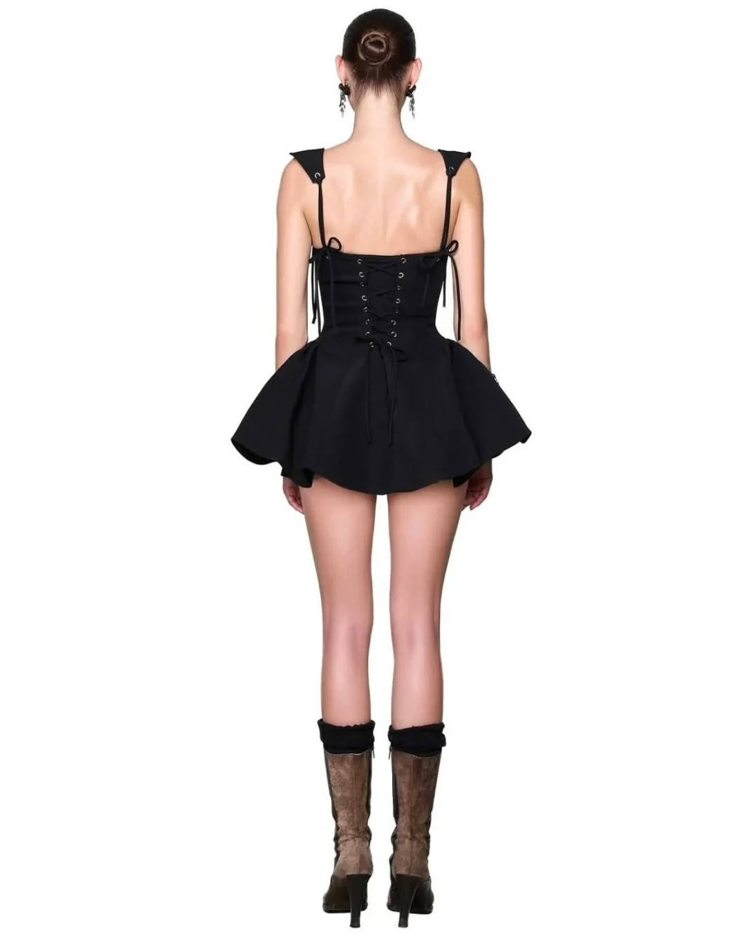 Photo 4 of Váy mini đen peplum nơ vai Lsoul size M