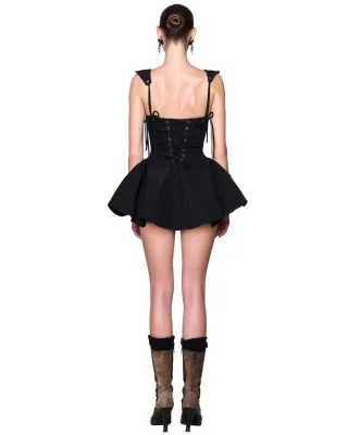 Photo 4 of Váy mini đen peplum nơ vai Lsoul size M