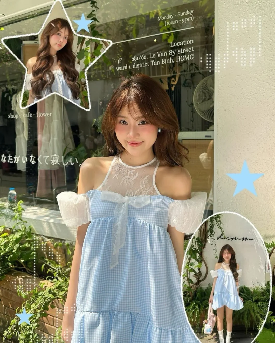 Photo 2 of Đầm babydoll caro xanh nhạt nữ