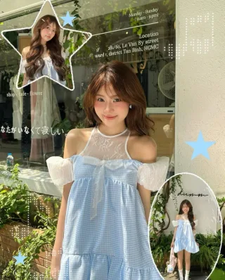 Photo 2 of Đầm babydoll caro xanh nhạt nữ