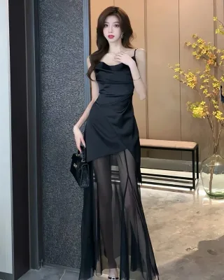 Ảnh 2 của Đầm satin đen hai dây dự tiệc nữ