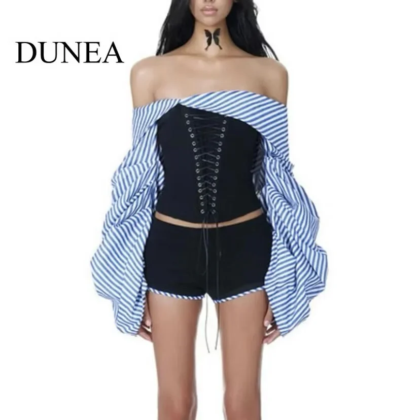 Photo 1 of Set áo corset trễ vai sọc nữ