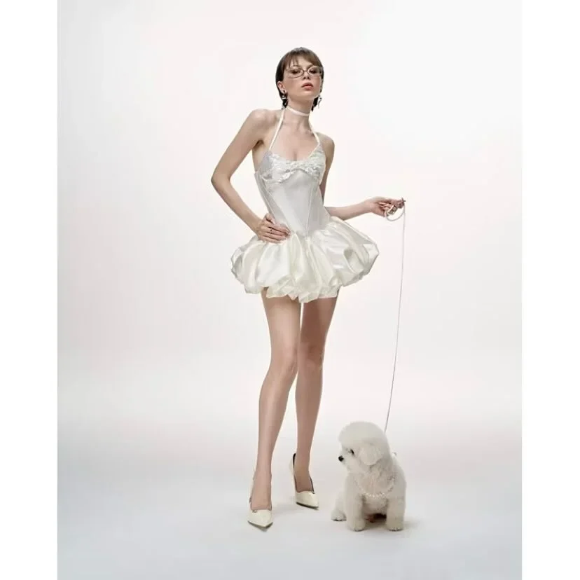 Photo 4 of Váy corset satin kem ngắn nữ
