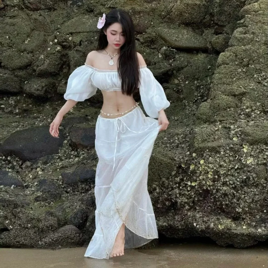 Photo 4 of Set croptop trễ vai chân váy voan trắng