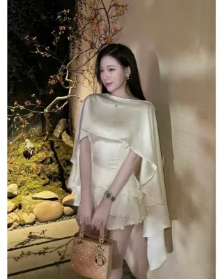 Photo 2 of Đầm mini lụa kem choàng vai nữ