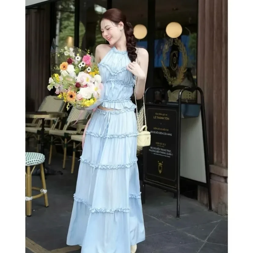Ảnh 1 của Váy maxi xanh nhạt tầng bèo nữ