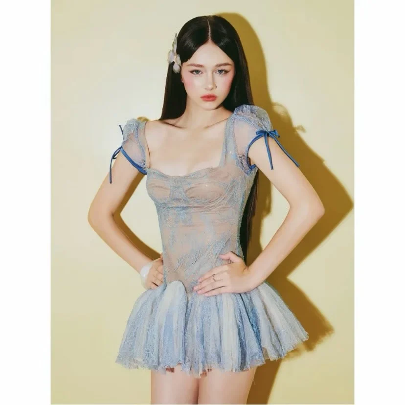 Photo 1 of Đầm ren ngắn xanh pastel nữ tính