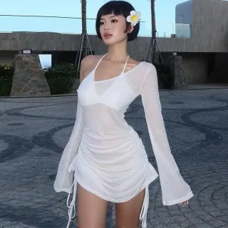 Photo 3 of Váy dệt kim trắng ngắn nữ ôm sát